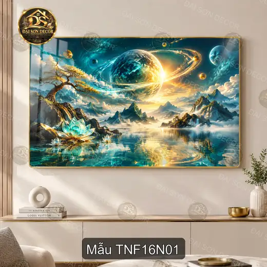 Tranh tráng gương Thiên nhiên fantasy 016 hành tinh hồ sen núi non decor phòng khách