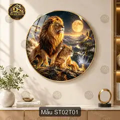 Tranh tròn tráng gương sư tử decor phòng khách phòng làm việc phong cách nghệ thuật cao cấp