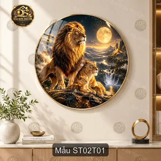 Tranh tròn tráng gương sư tử decor phòng khách phòng làm việc phong cách nghệ thuật cao cấp