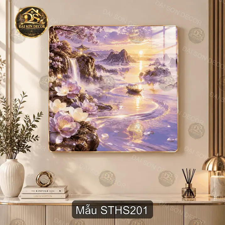 Tranh tráng gương sơn thủy hoa sen vuông decor phòng khách sang trọng