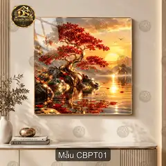 Tranh tráng gương cây bonsai phong thủy trang trí phòng khách cảnh sơn thủy hoàng hôn mẫu CBPT01