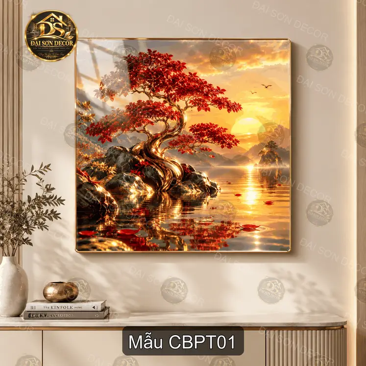 Tranh tráng gương cây bonsai phong thủy trang trí phòng khách cảnh sơn thủy hoàng hôn mẫu CBPT01