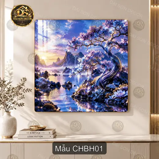 Tranh tráng gương cây hoa bên hồ phong cảnh nghệ thuật decor phòng khách vuông CHBH01