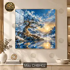Tranh tráng gương cây hoa bên hồ phong cảnh nghệ thuật decor phòng khách vuông CHBH01
