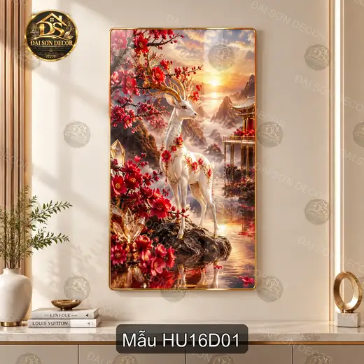 Tranh tráng gương Hươu 016 hoa mai decor phòng khách phòng làm việc