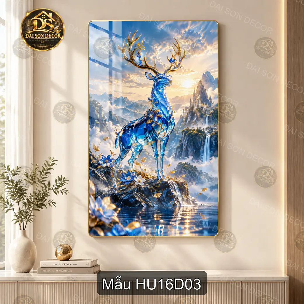 Tranh tráng gương Hươu 016 hoa mai decor phòng khách phòng làm việc