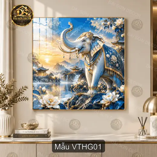 Tranh tráng gương vuông Voi trắng hoàng gia decor phòng khách sang trọng