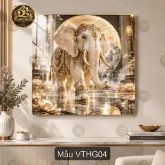 Tranh tráng gương vuông Voi trắng hoàng gia decor phòng khách sang trọng