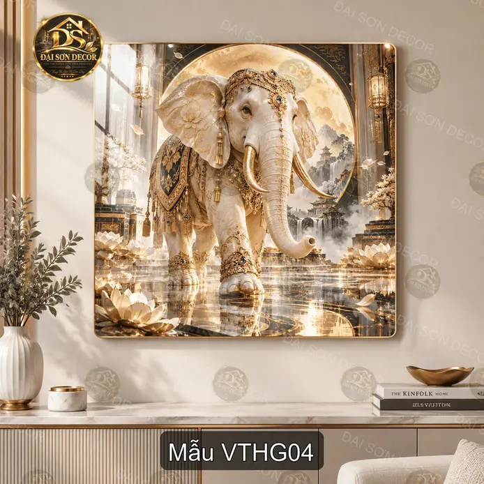 Tranh tráng gương vuông Voi trắng hoàng gia decor phòng khách sang trọng