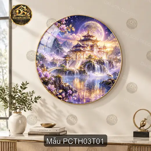 Tranh tráng gương tròn phong cảnh Trung Hoa lâu đài núi non decor phòng khách sang trọng
