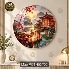 Tranh tráng gương tròn phong cảnh Trung Hoa lâu đài núi non decor phòng khách sang trọng
