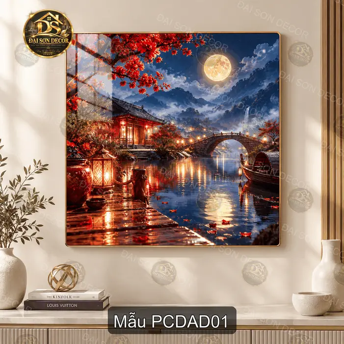 Tranh tráng gương phong cảnh đêm Á Đông vuông PCDAD01 decor phòng khách