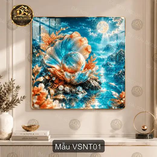 Tranh tráng gương vỏ sò ngọc trai decor phòng khách phong cảnh biển sang trọng VSNT01