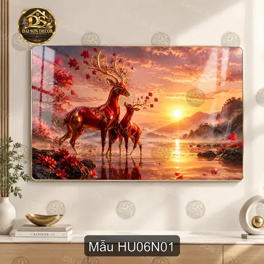 Tranh tráng gương Hươu 006 hoàng hôn hồ nước nghệ thuật decor phòng khách sang trọng