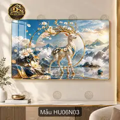 Tranh tráng gương Hươu 006 hoàng hôn hồ nước nghệ thuật decor phòng khách sang trọng