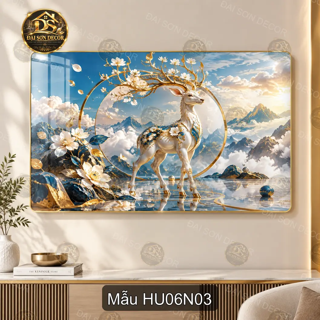 Tranh tráng gương Hươu 006 hoàng hôn hồ nước nghệ thuật decor phòng khách sang trọng