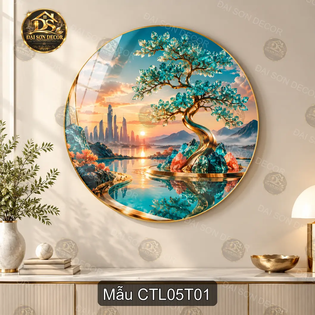 Tranh tráng gương tròn Cây tài lộc 005 decor phòng khách quà tặng phong cách hiện đại