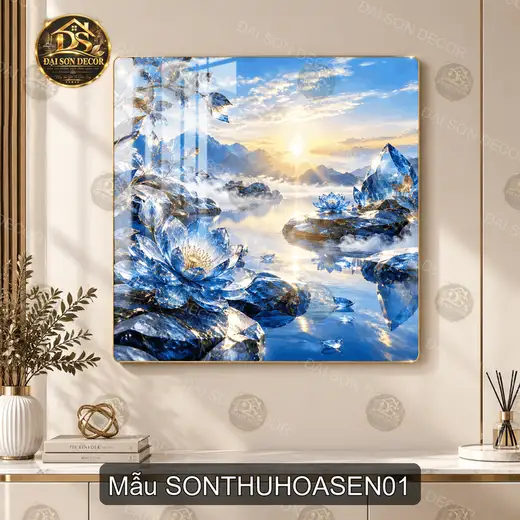 Tranh tráng gương vuông sơn thủy hoa sen xanh decor phòng khách