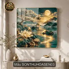 Tranh tráng gương vuông sơn thủy hoa sen xanh decor phòng khách