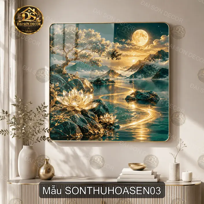 Tranh tráng gương vuông sơn thủy hoa sen xanh decor phòng khách