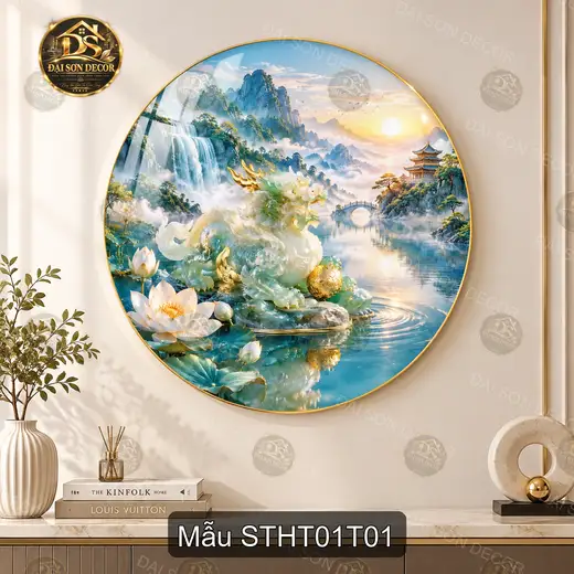 Tranh tráng gương tròn Sơn thủy hữu tình 001 hiện đại decor tường phòng khách