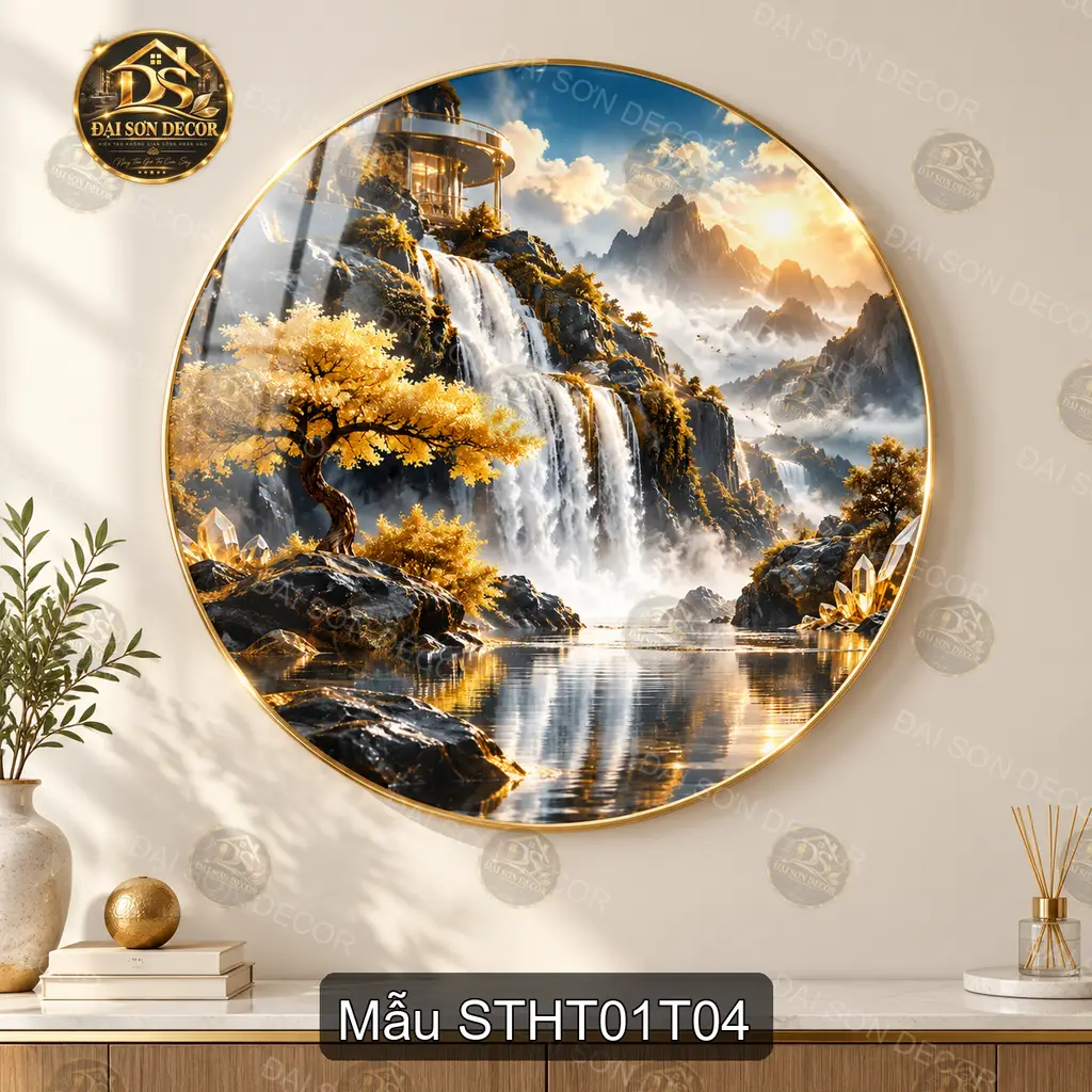 Tranh tráng gương tròn Sơn thủy hữu tình 001 hiện đại decor tường phòng khách