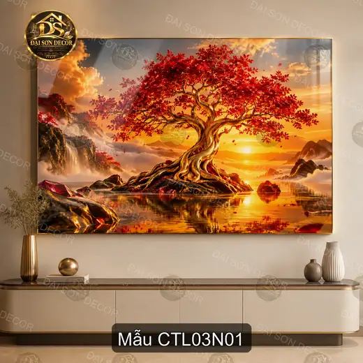 Tranh tráng gương Cây tài lộc 003 sang trọng decor phòng khách nội thất hiện đại CTL03N01