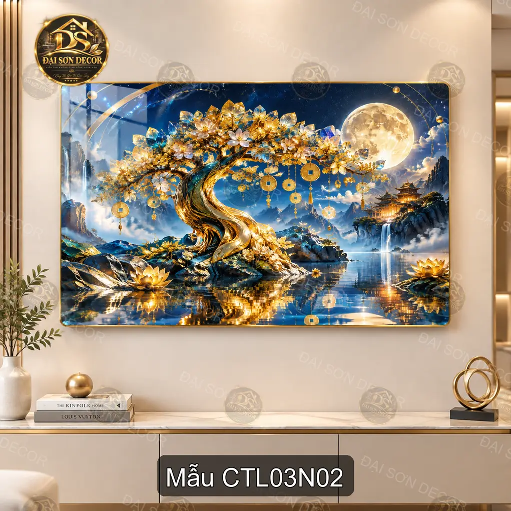 Tranh tráng gương Cây tài lộc 003 sang trọng decor phòng khách nội thất hiện đại CTL03N01