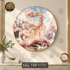 Tranh tròn tráng gương Thiên nhiên fantasy 011 hươu trắng hoa đào treo tường phòng khách