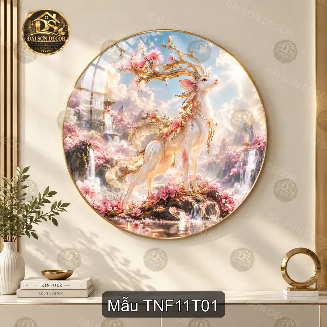Tranh tròn tráng gương Thiên nhiên fantasy 011 hươu trắng hoa đào treo tường phòng khách