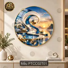 Tranh tráng gương tròn phong thủy cao cấp cảnh núi hồ hoa sen decor phòng khách quà tặng