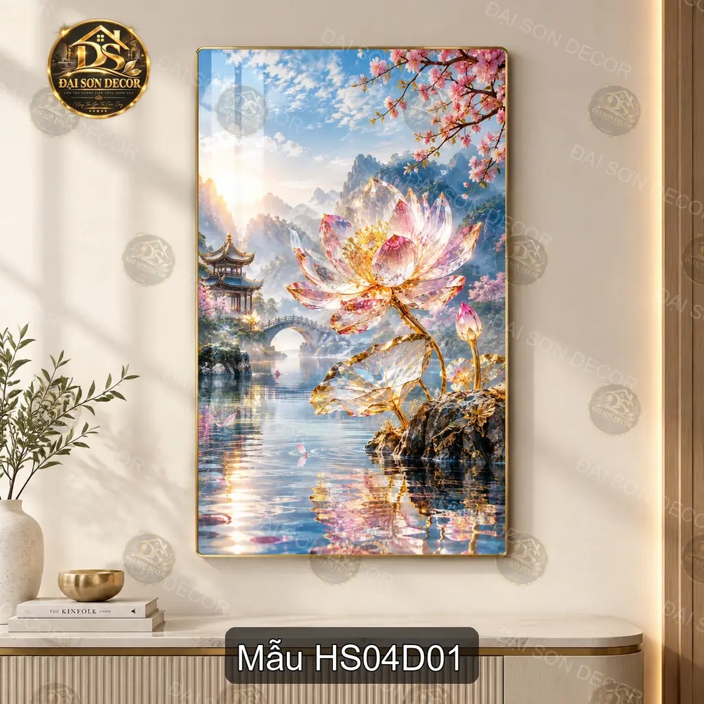 Tranh tráng gương Hoa sen 004 phong cảnh hồ sen trang trí phòng khách làm quà tặng