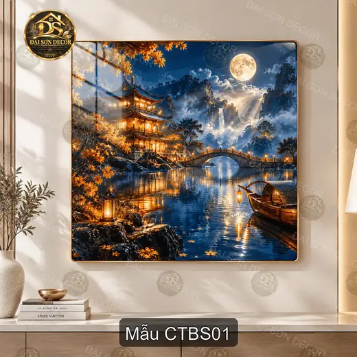 Tranh treo tường Cổ trấn bên sông phong cảnh đêm trăng trang trí phòng khách