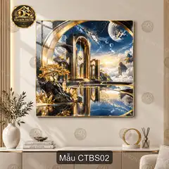 Tranh treo tường Cổ trấn bên sông phong cảnh đêm trăng trang trí phòng khách