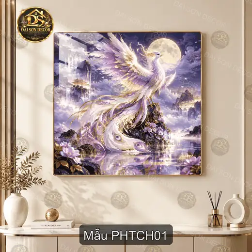 Tranh tráng gương Phượng hoàng trên cành hoa decor phòng khách sang trọng