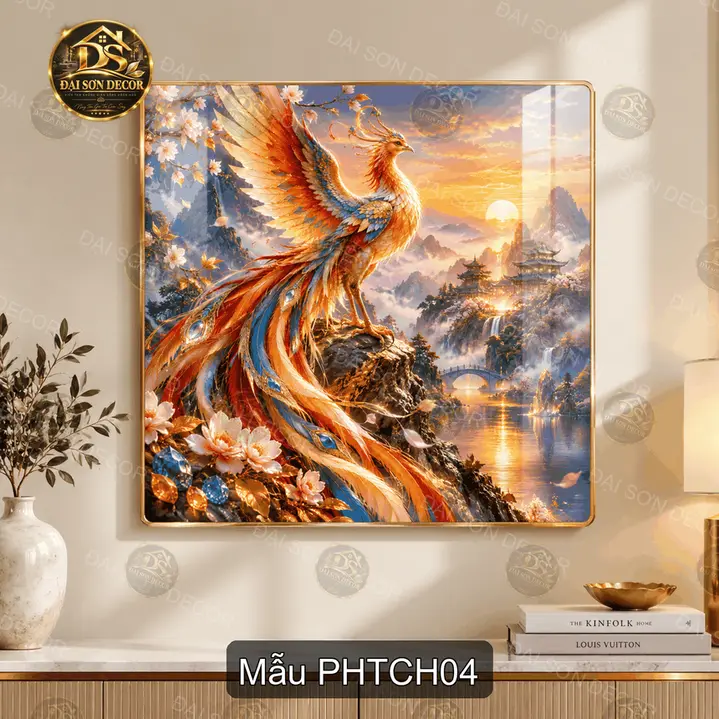 Tranh tráng gương Phượng hoàng trên cành hoa decor phòng khách sang trọng