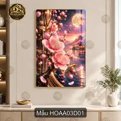 Tranh tráng gương Hoa đào 003 treo dọc trang trí phòng khách phong cảnh đêm nghệ thuật
