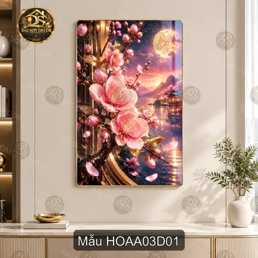 Tranh tráng gương Hoa đào 003 treo dọc trang trí phòng khách phong cảnh đêm nghệ thuật