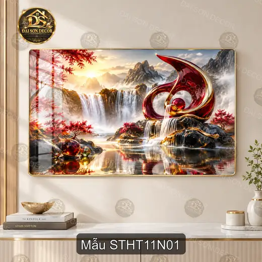 Tranh tráng gương Sơn thủy hữu tình 011 thác nước núi non decor phòng khách sang trọng