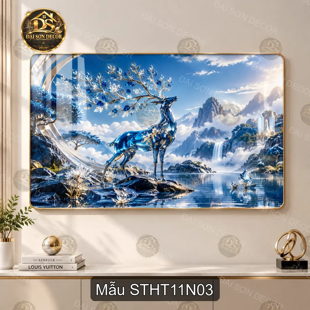 Tranh tráng gương Sơn thủy hữu tình 011 thác nước núi non decor phòng khách sang trọng