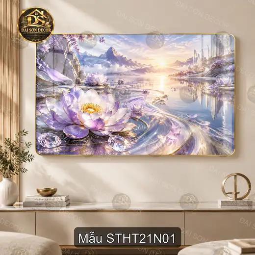 Tranh tráng gương sơn thủy hữu tình hoa sen hồ nước decor phòng khách STHT21N01