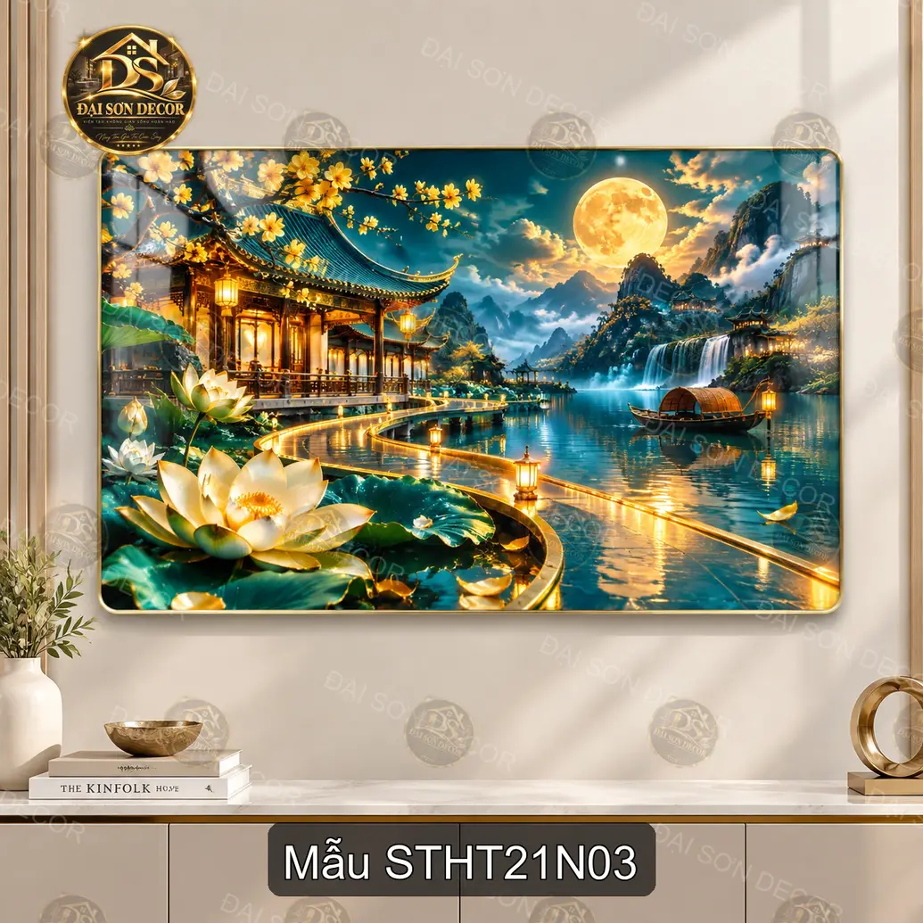 Tranh tráng gương sơn thủy hữu tình hoa sen hồ nước decor phòng khách STHT21N01