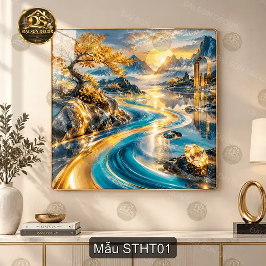 Tranh tráng gương Sơn thủy hữu tình phong cảnh núi non sông nước decor phòng khách