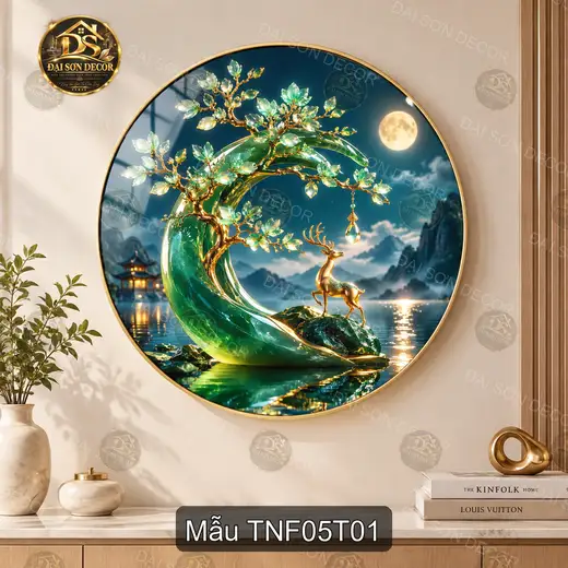 Tranh tráng gương tròn Thiên nhiên fantasy hươu nai cây ngọc decor phòng khách