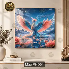Tranh tráng gương Phượng hoàng đỏ decor phòng khách vuông phong cách nghệ thuật