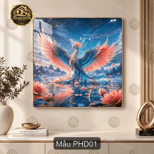 Tranh tráng gương Phượng hoàng đỏ decor phòng khách vuông phong cách nghệ thuật