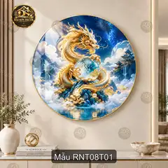 Tranh tráng gương tròn Rồng nghệ thuật 008 long châu sắc vàng xanh decor phòng khách sang trọng