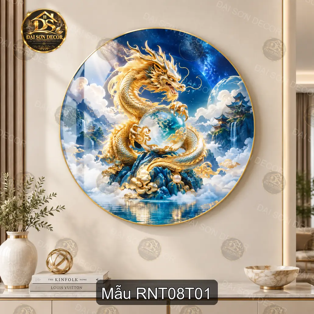 Tranh tráng gương tròn Rồng nghệ thuật 008 long châu sắc vàng xanh decor phòng khách sang trọng