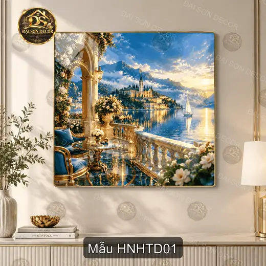 Tranh treo tường phong cảnh hồ núi lâu đài châu Âu decor phòng khách sang trọng