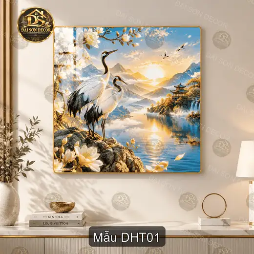 Tranh tráng gương đôi hạc tiên phong cảnh sơn thủy trang trí phòng khách DHT01